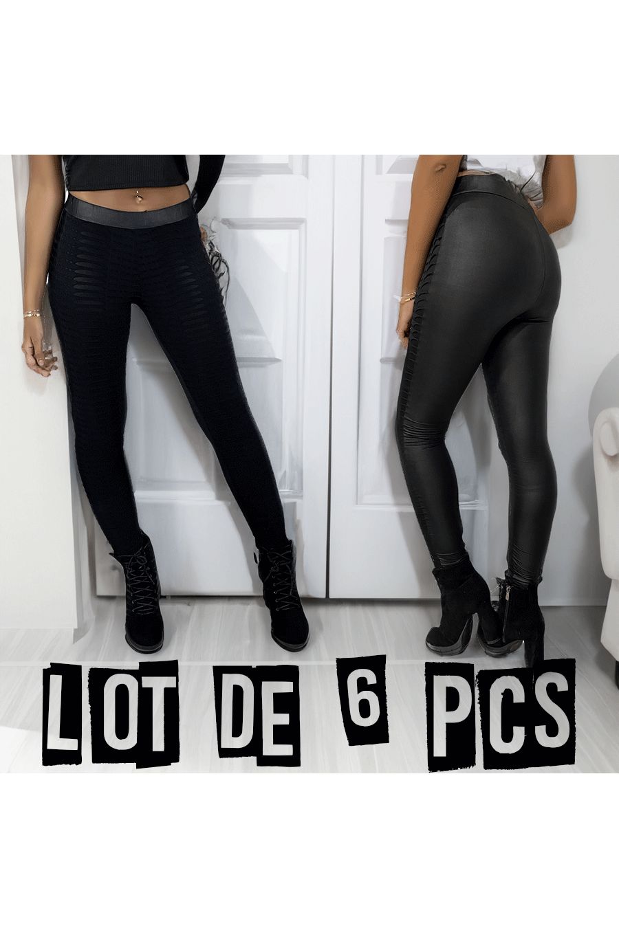 Set of 6 black jacquard leggings transparent in the front and imitation in the back - 1