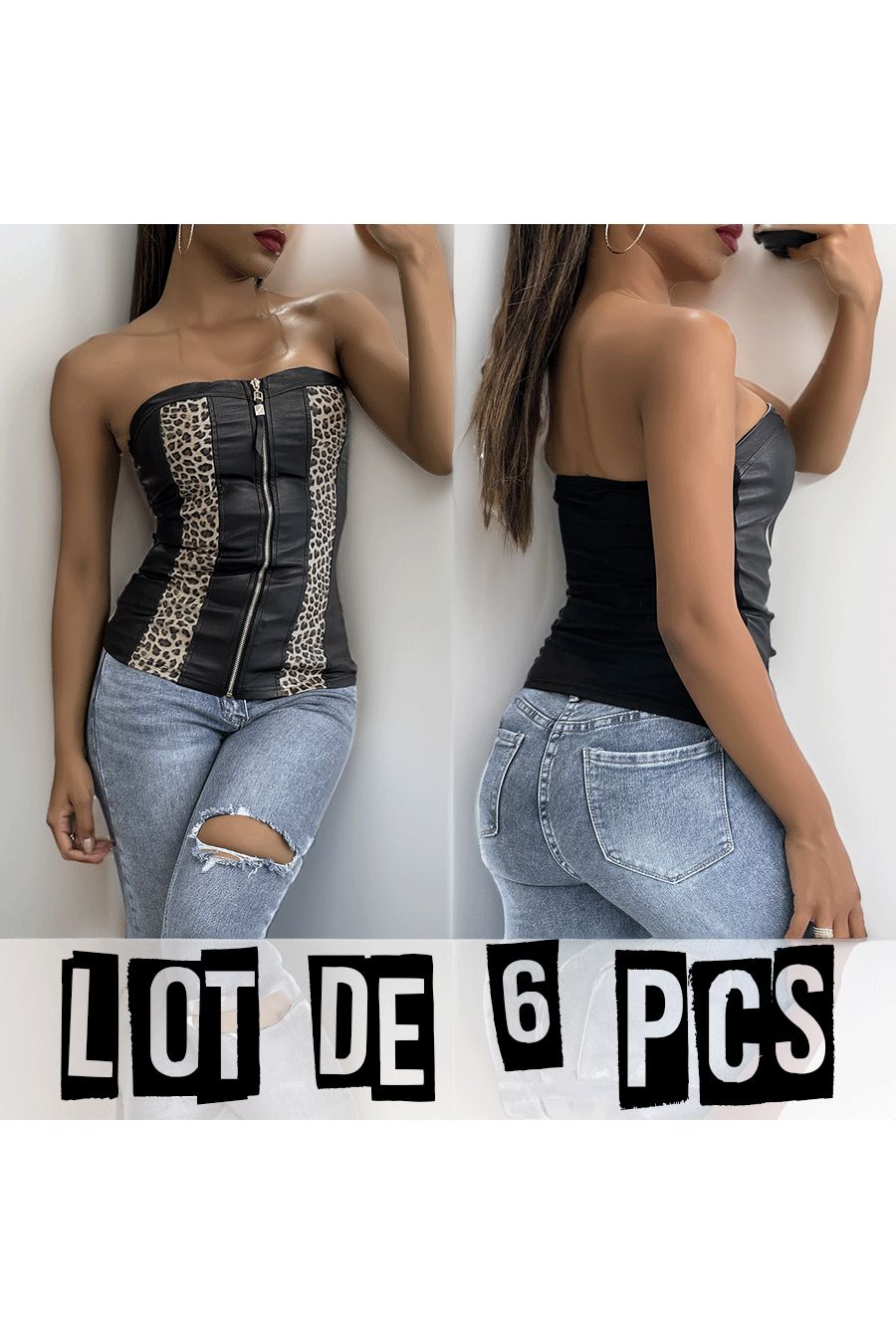 Lot de 6 Hauts en simili avec motif léopard et fermeture à l'avant