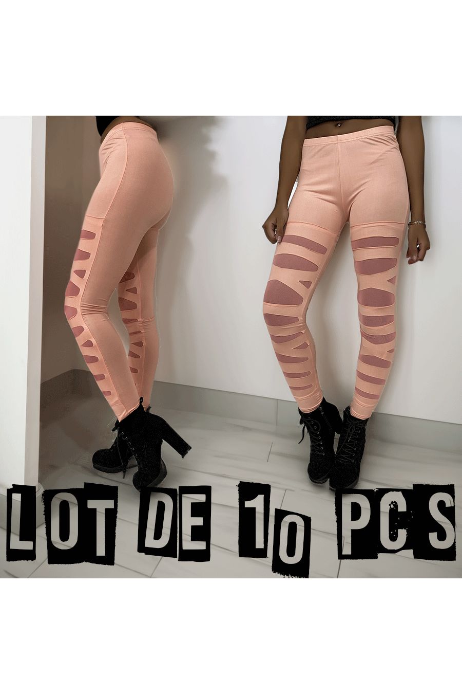 Lot de 10 Leggings rose avec joli motif coupé et doublé en résille