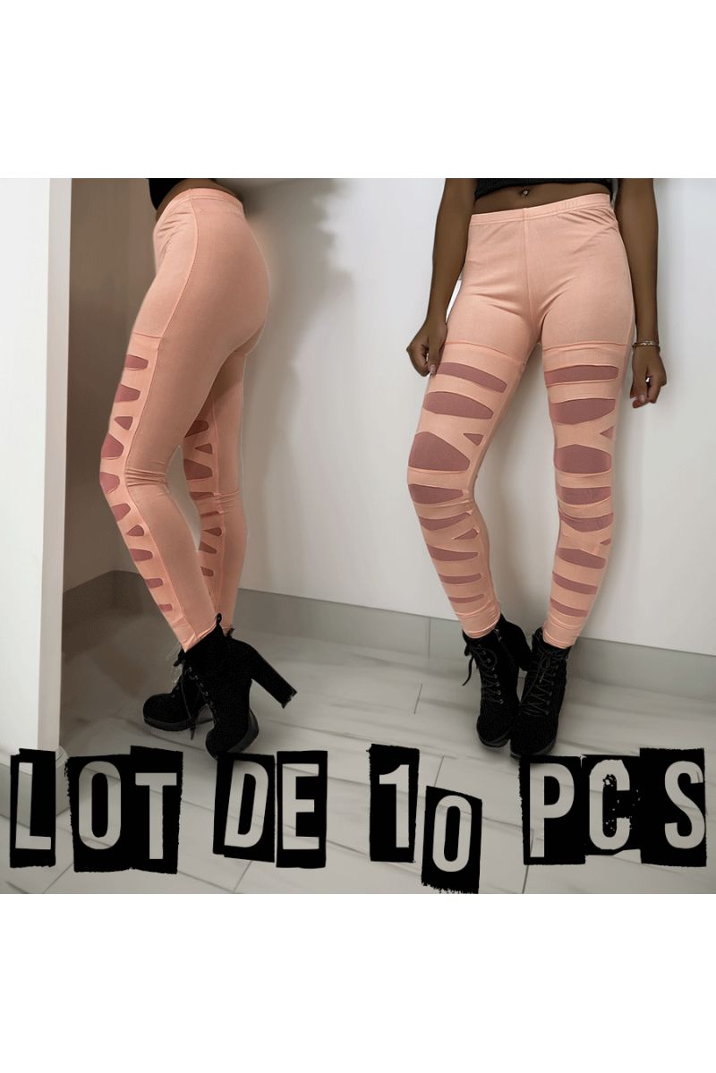 Pack of 10 pink leggings with pretty cut pattern and mesh lining - 1