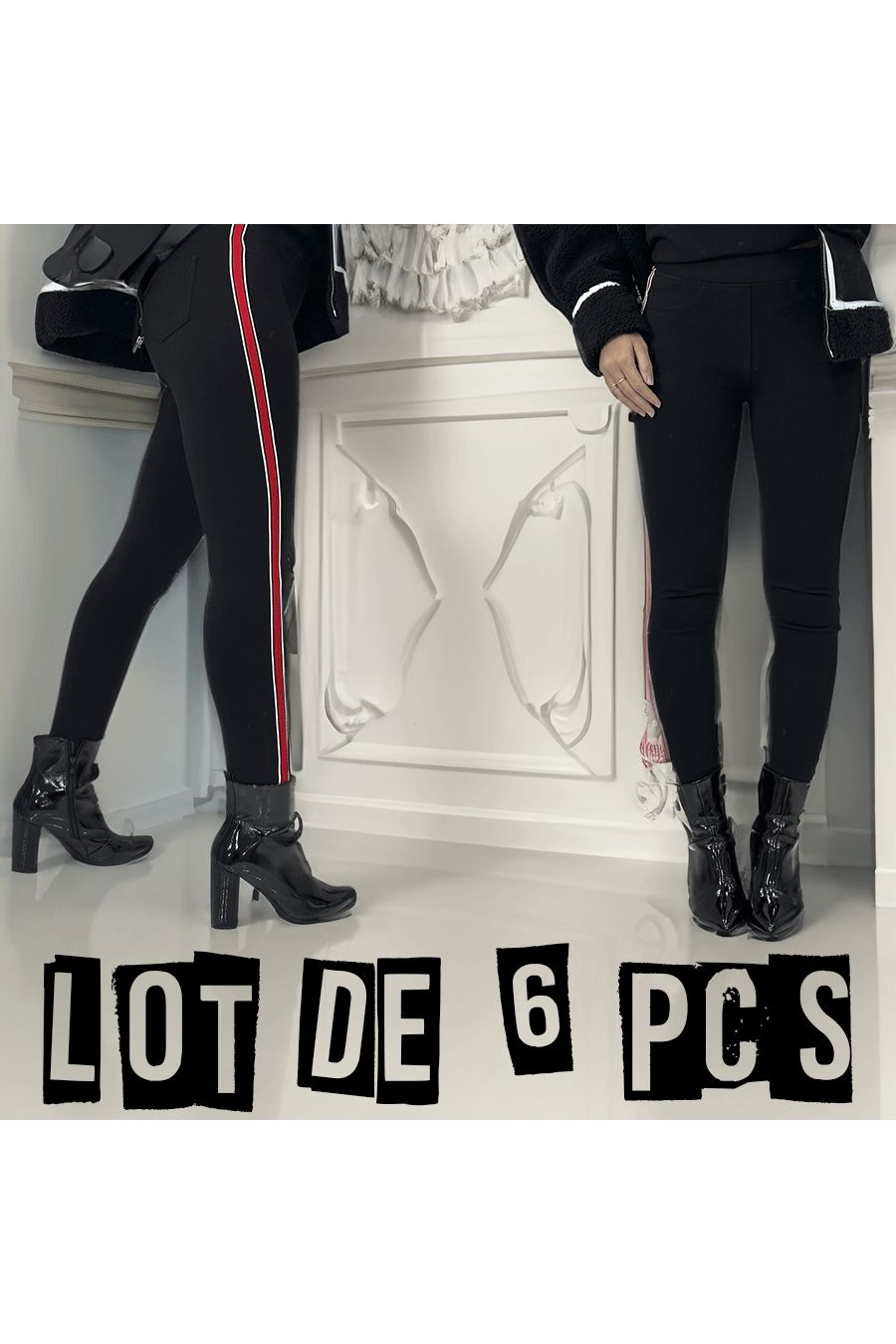 Lot de 6 Pantalons slim noir à fausses poches et bandes sur les côtés