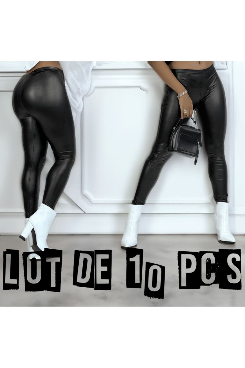 Pack of 10 low-waisted black imitation leather leggings. 9909 - 1