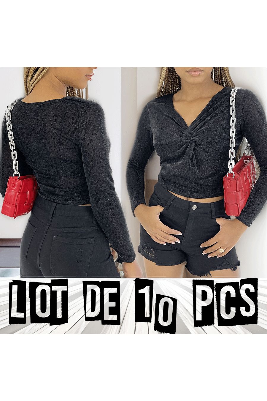 Lot de 10 Hauts scintillant avec imprimés léopard noir à manches longues, col v