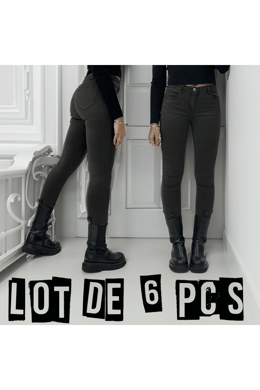Pak van 6 bruine stretch slim jeans met ritssluiting - 1