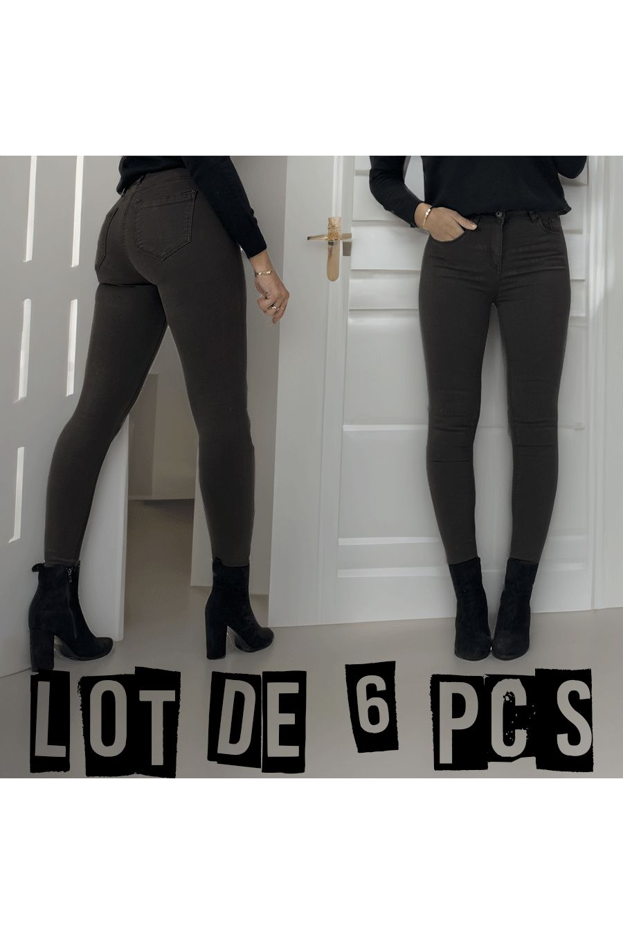 Lot de 6 Jeans slim marron foncé extensible avec poches et fermeture zip