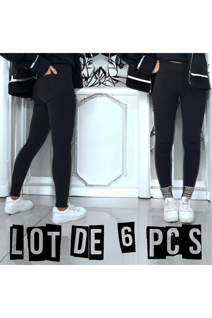 Pack of 6 black slim pants with fake pockets and Aztec pattern on the feet - 1