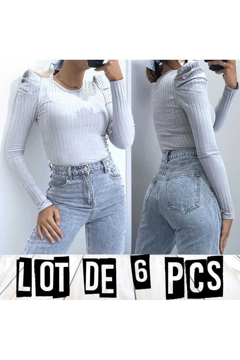Lot de 6 Hauts gris épaules bouffante en matière côtelé - 1