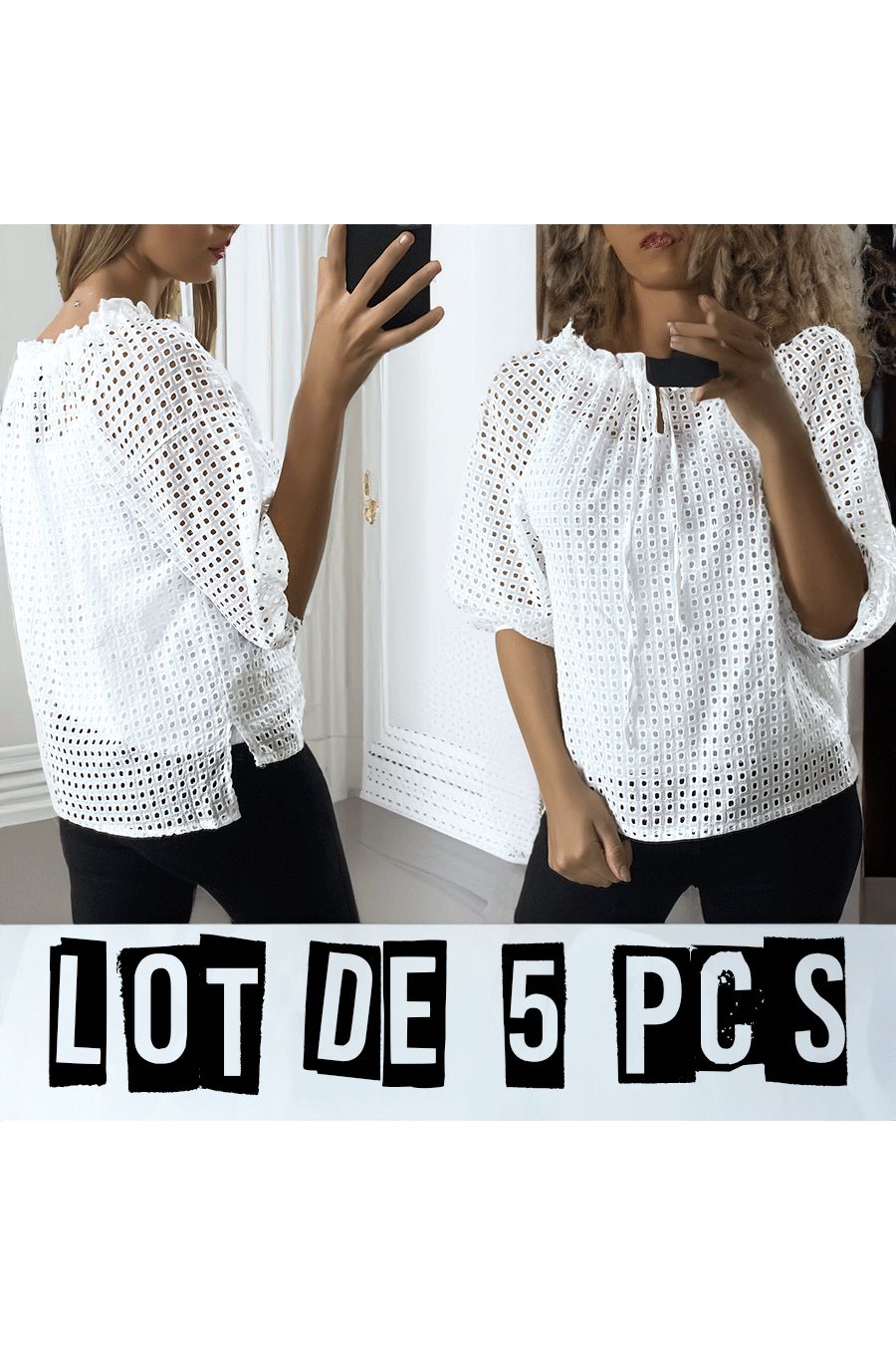 Lot de 5 Blouses blanche manches bouffante col bateau en matière à trous