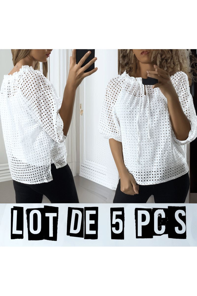 Pack of 5 white blouses with puff sleeves boat neck in material with holes - 1