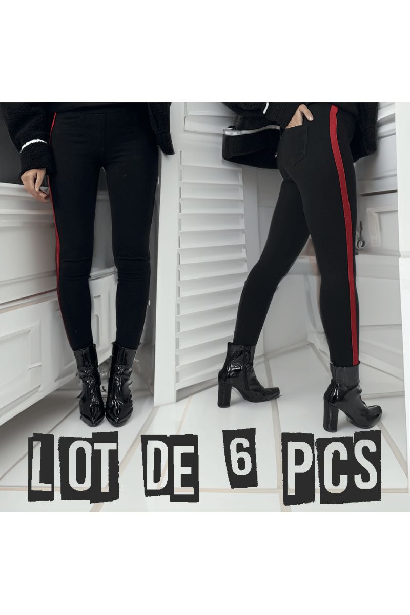 Pack of 6 black slim pants with fake pockets and bands on the sides - 1