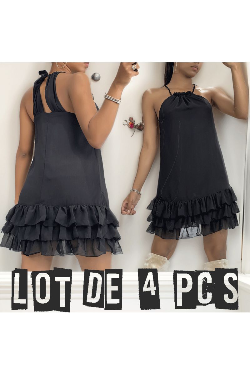 Lot of 4 black sleeveless dresses, with thin straps with wavy bottom and lining. 925 - 1