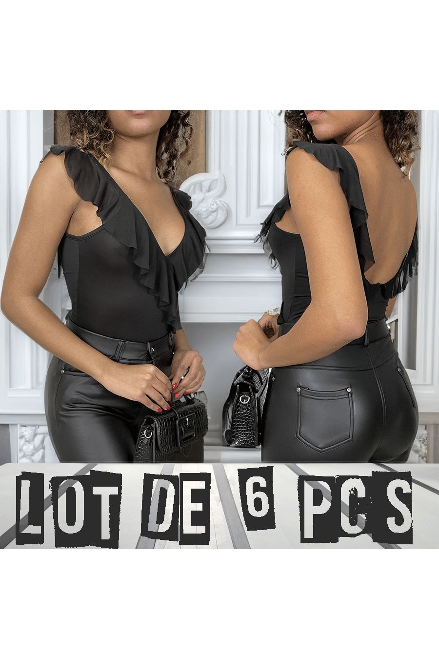Lot de 6 Bodys noir en lycra avec volant en tulle - 1