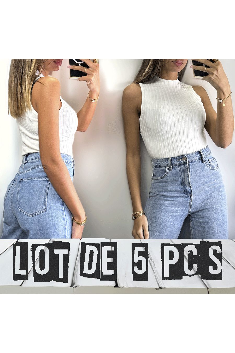 Lot de 5 Tops sans manche blanc très extensible en col montant allant jusqu'au 46