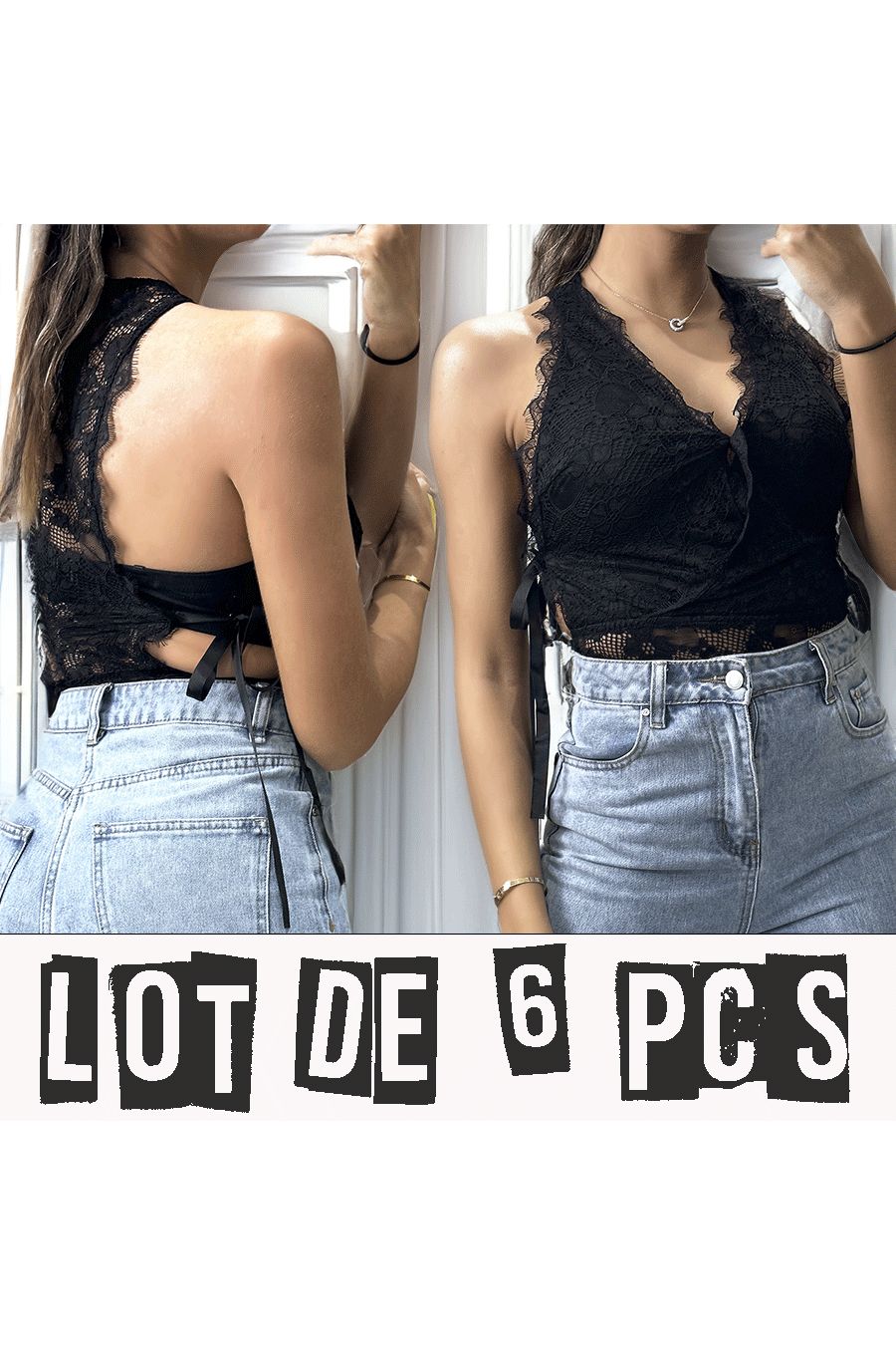 Lot de 6 Bodys noir en dentelle croisé devant et noeud sur les cotés 