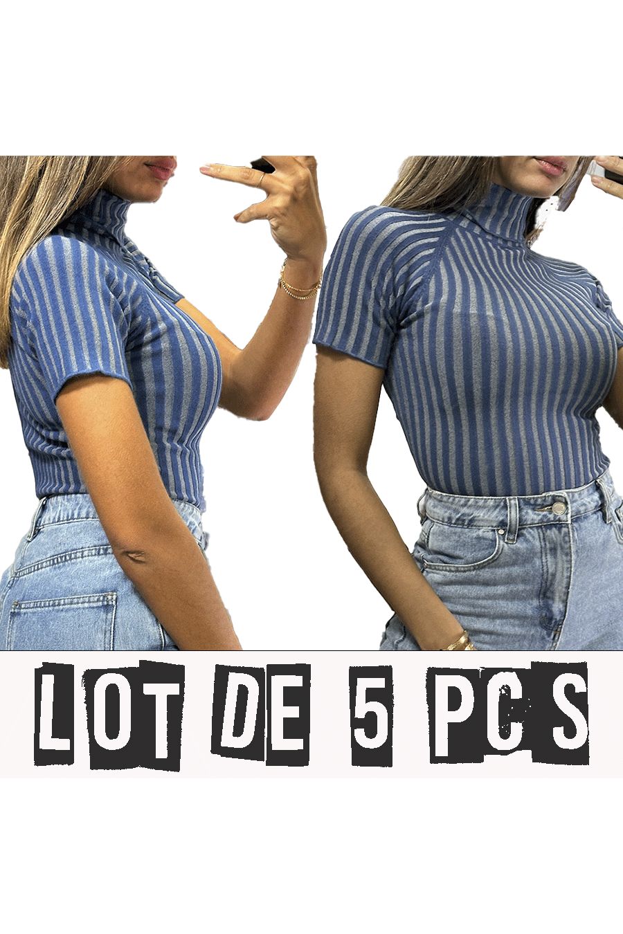 Lot de 5 Tops manches courte bleu très extensible en col roulé allant jusqu'au 46 