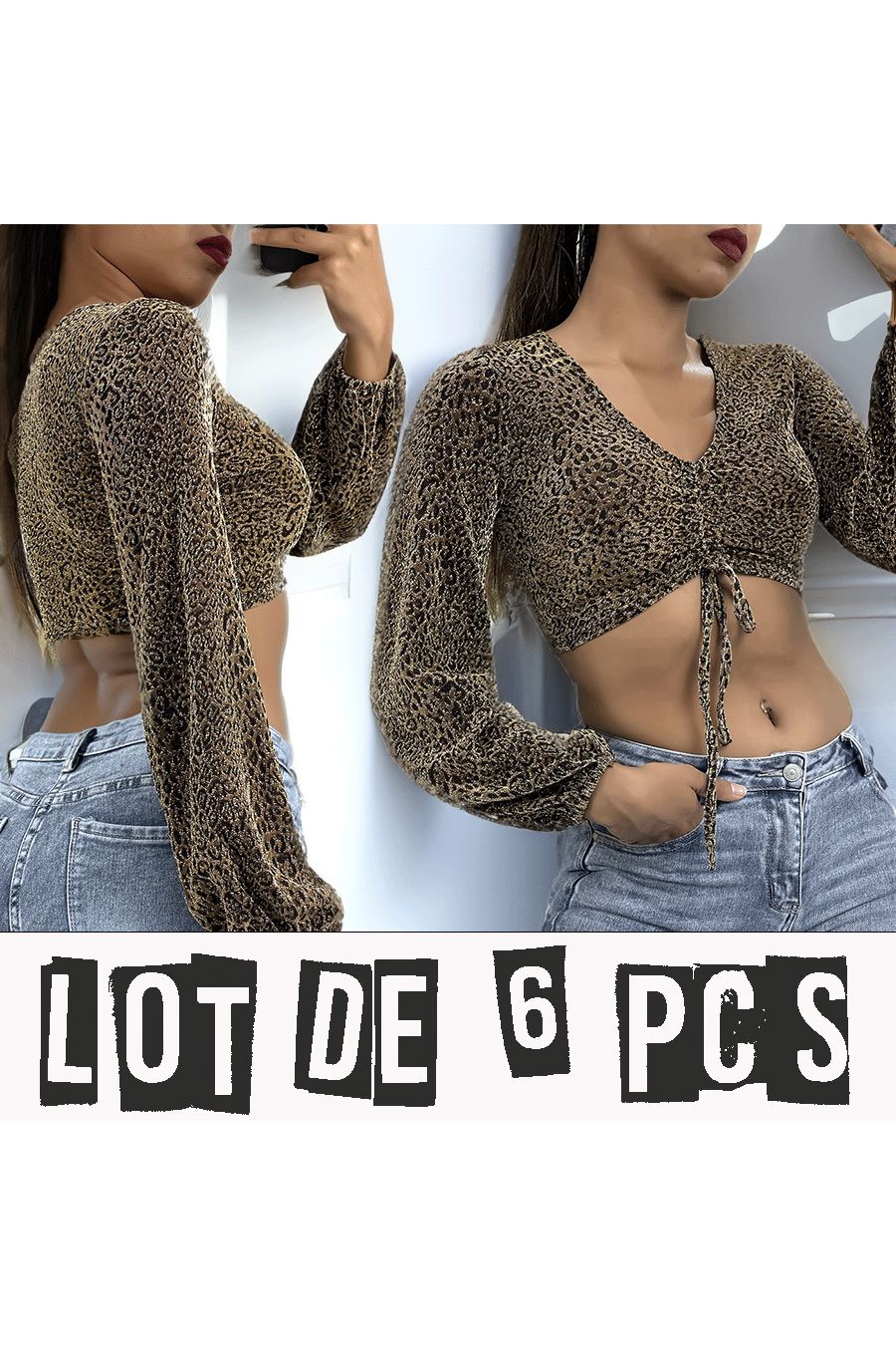 Set van 6 gouden crop tops met lange mouwen en een luipaardpatroon met lovertjes - 1