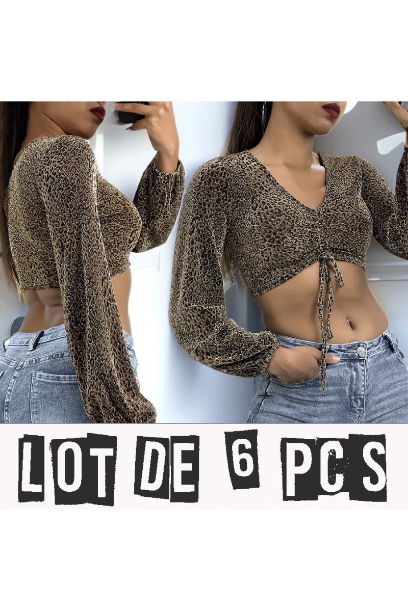 Set of 6 gold crop tops with long sleeves and a sequined leopard pattern - 1