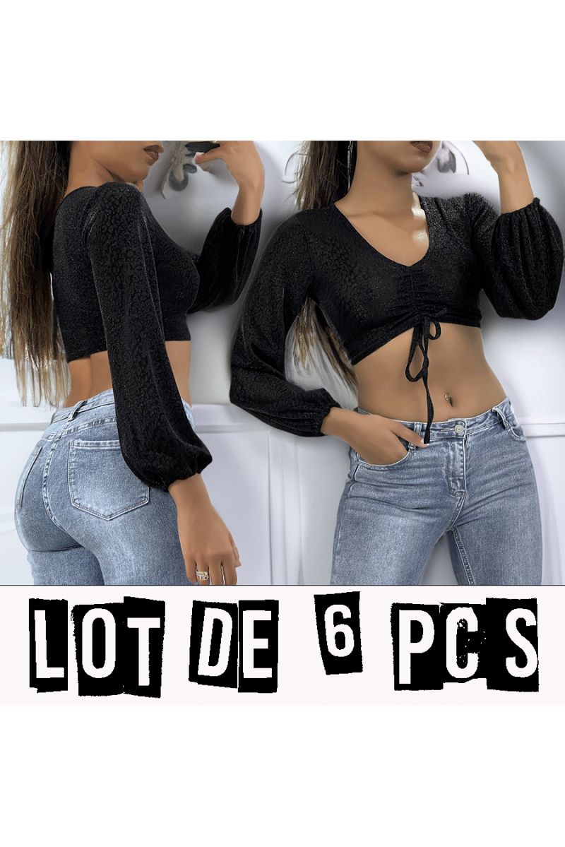 Set of 6 Black Crop Top Long Sleeves with Sequined Leopard Pattern - 1
