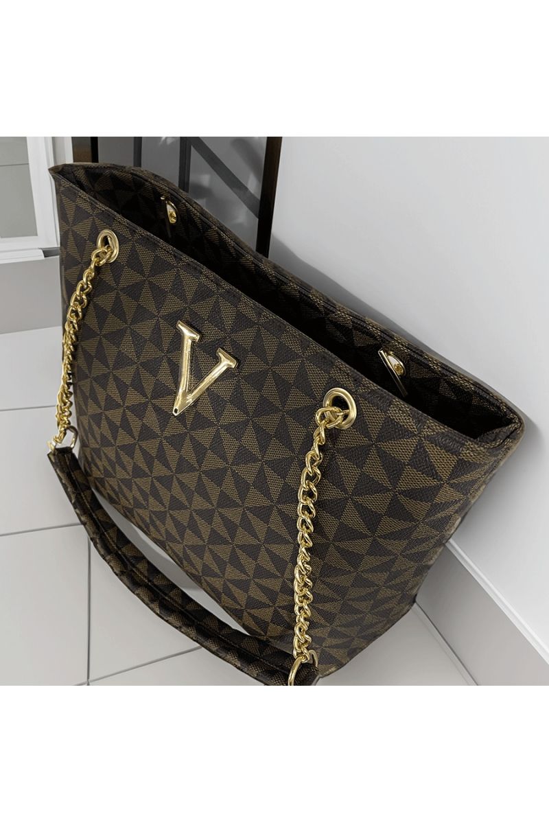 Brown patterned V handbag - 2