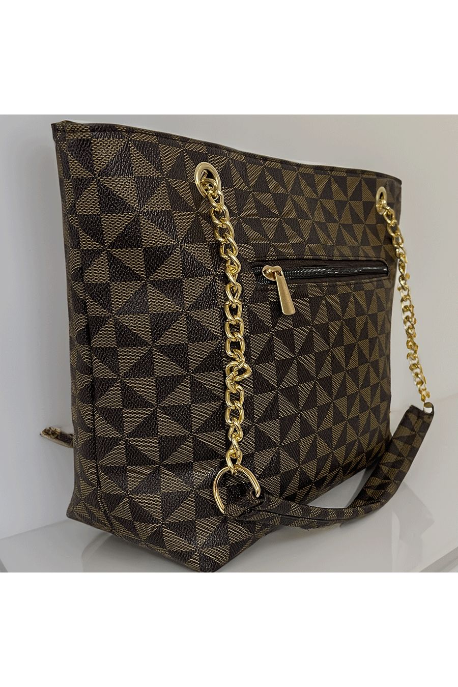 Brown patterned V handbag - 3