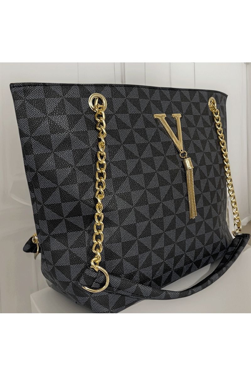 Black patterned V handbag - 1