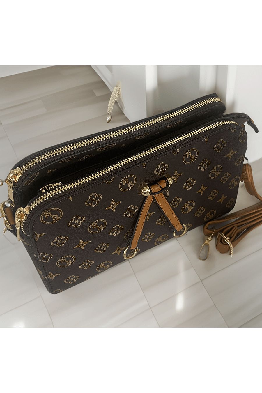 Brown handbag with 3 closures - 6