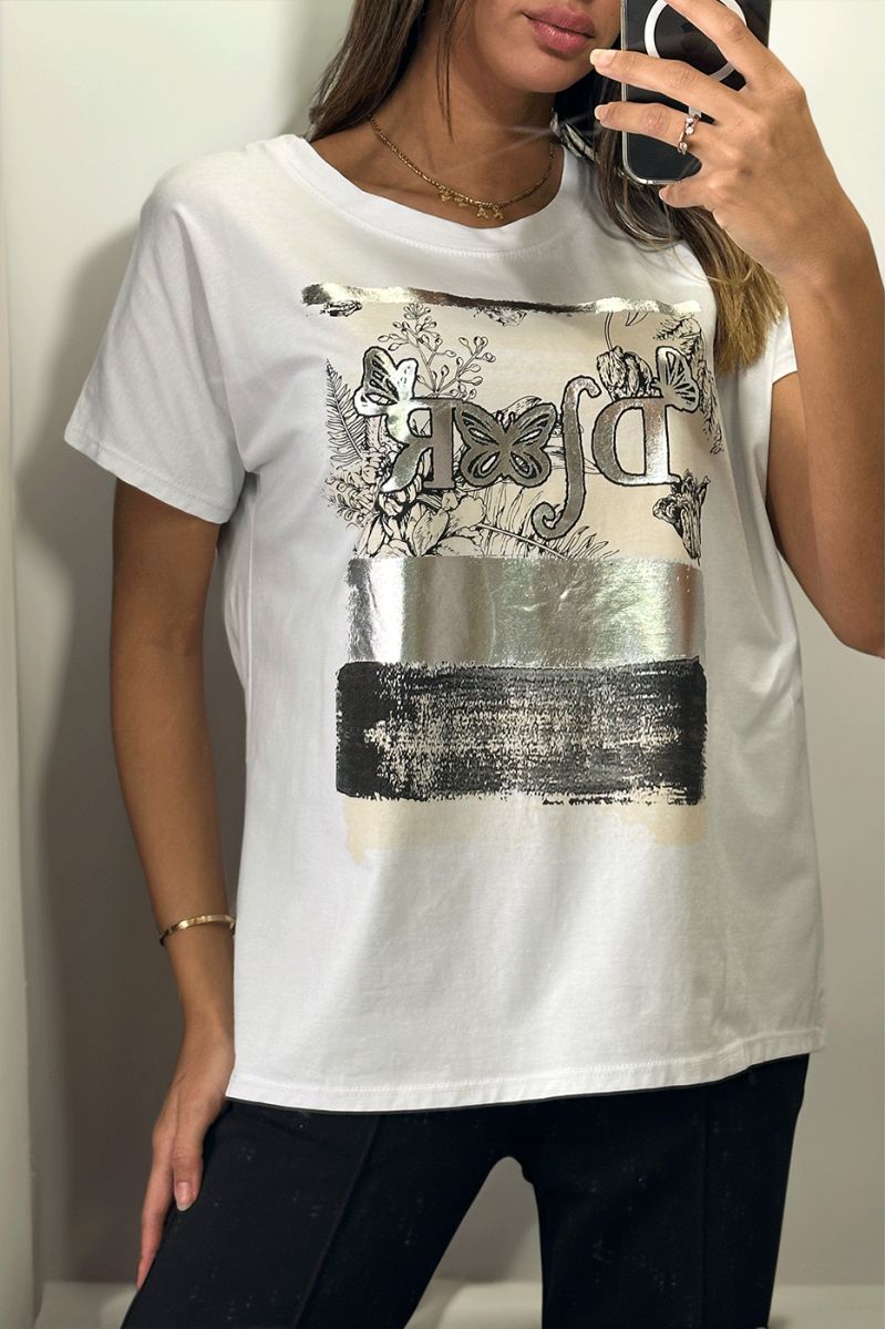 White t-shirt with silver print - 1