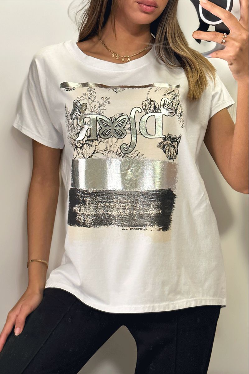 White t-shirt with silver print - 2