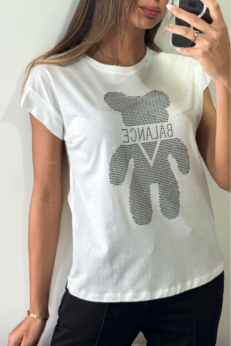 Tshirt blanc imprimé strass noir - 1