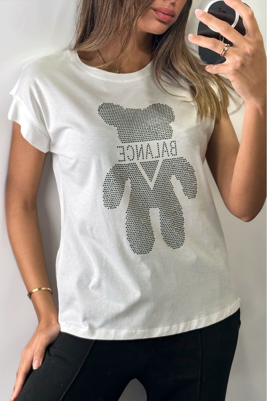 Wit t-shirt met zwarte strass print - 2