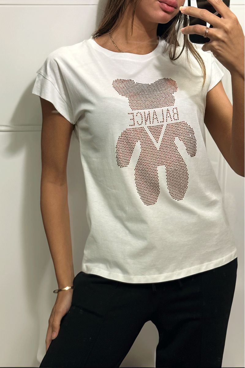 Tshirt blanc imprimé strass rouge - 1