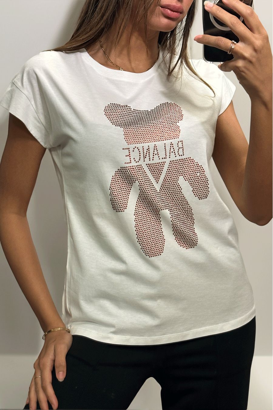 Tshirt blanc imprimé strass rouge - 2