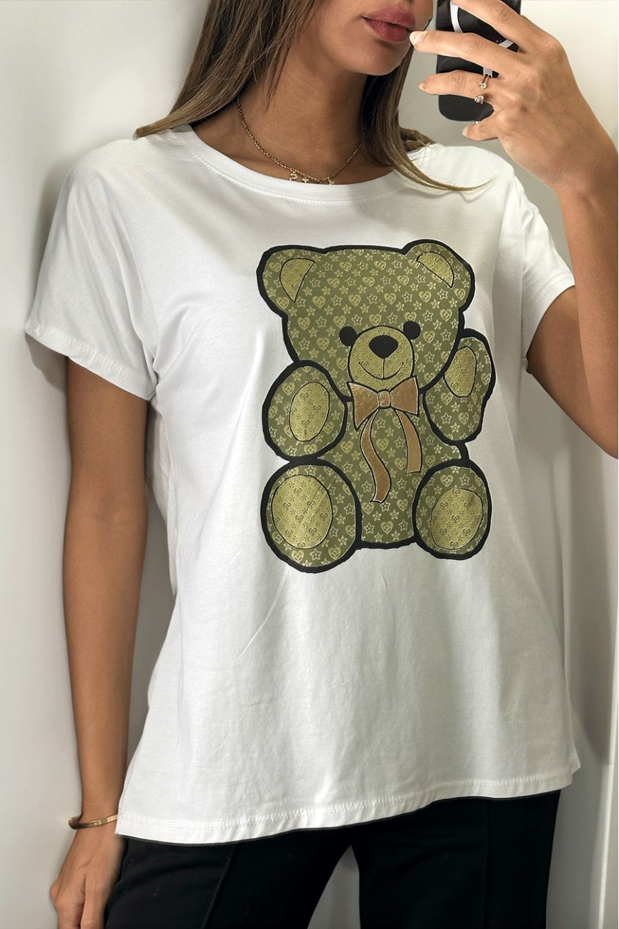 Witte t-shirt met kaki berenprint - 1