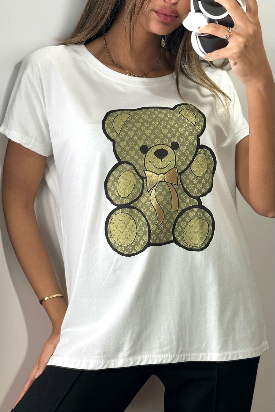 Witte t-shirt met kaki berenprint - 2