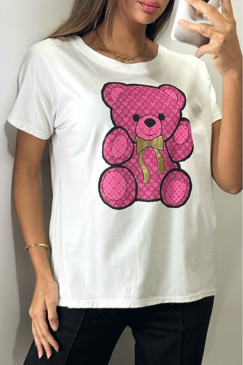 Tshirt blanc imprimé ours fuchsia - 1