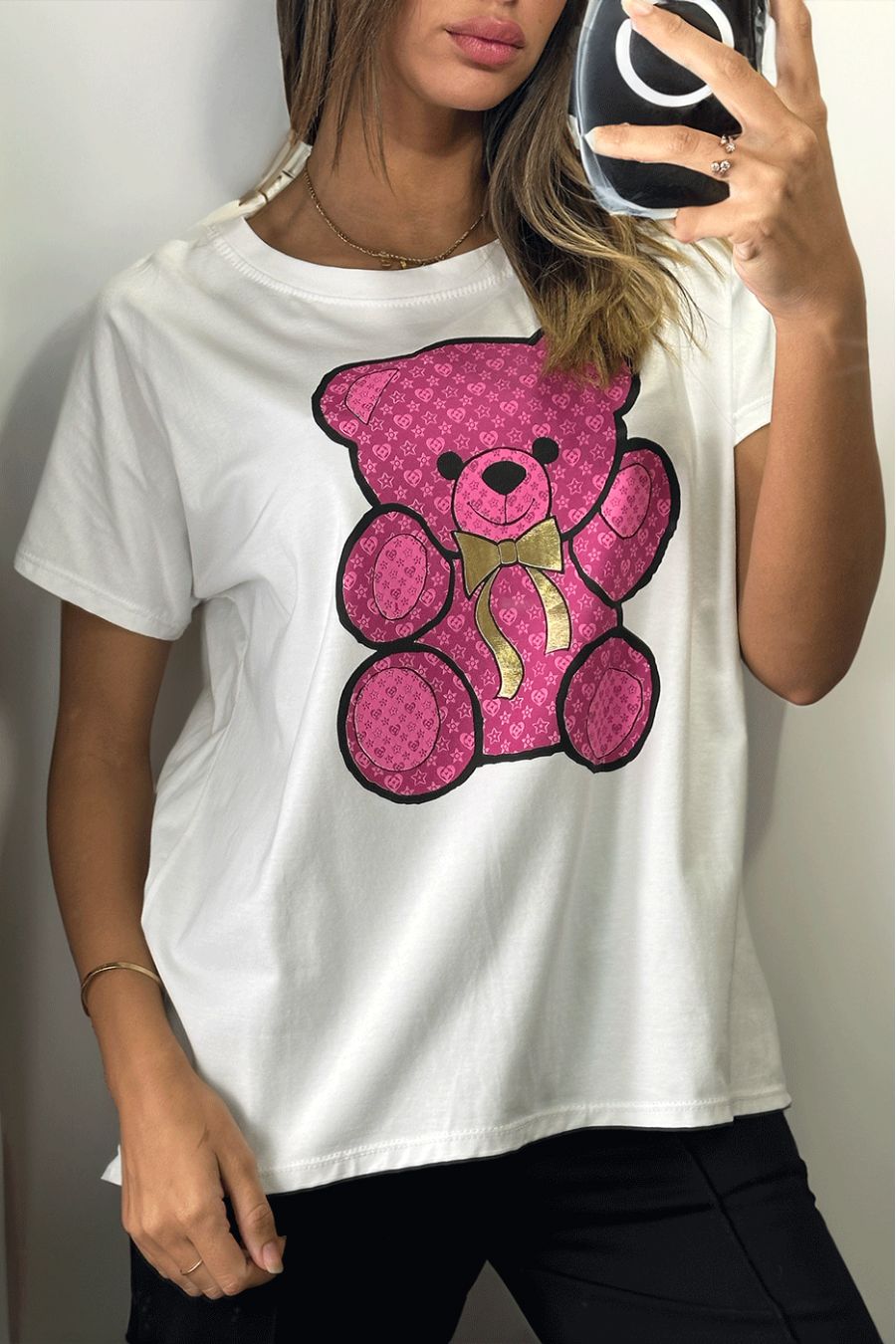 Tshirt blanc imprimé ours fuchsia - 2