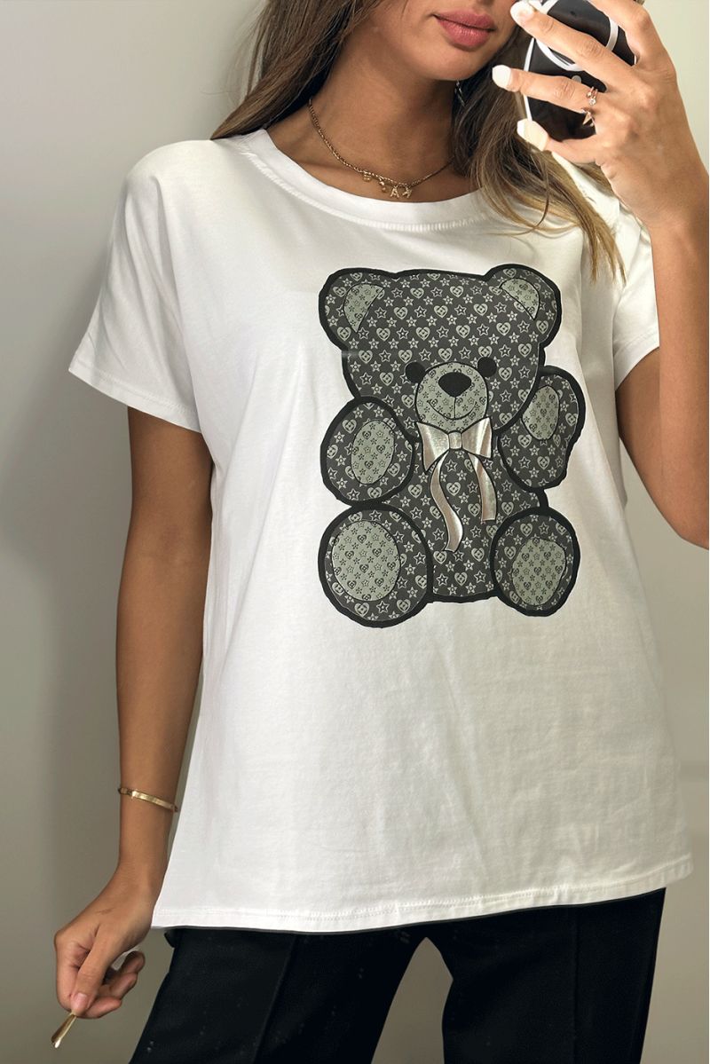 Tshirt blanc imprimé ours noir - 1