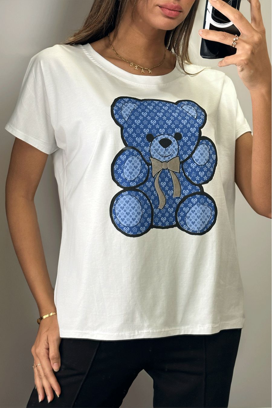 Tshirt blanc imprimé ours marine - 1