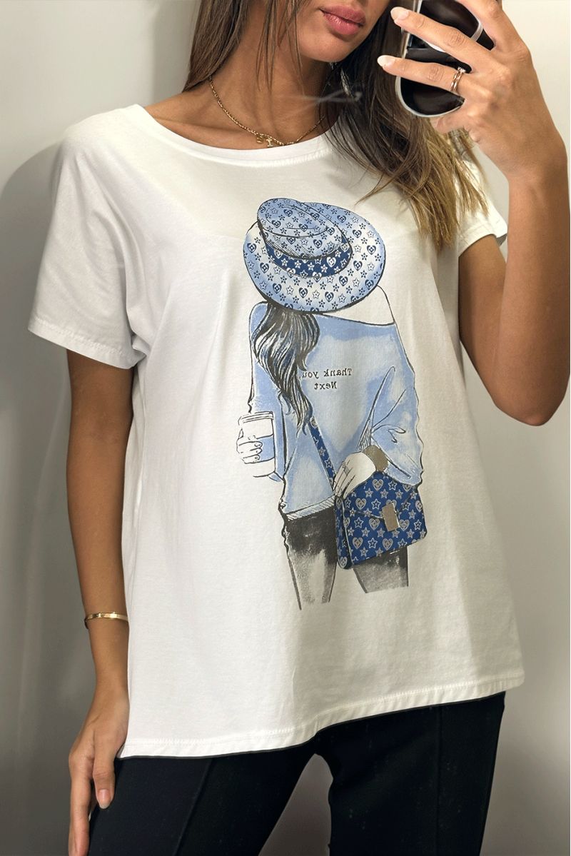 Blauw bedrukt wit t-shirt met "thank you next" opschrift - 1