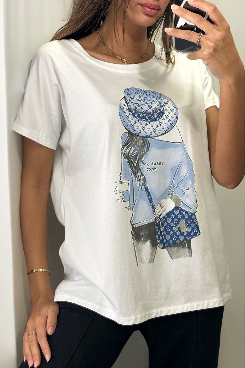 Blauw bedrukt wit t-shirt met "thank you next" opschrift - 2