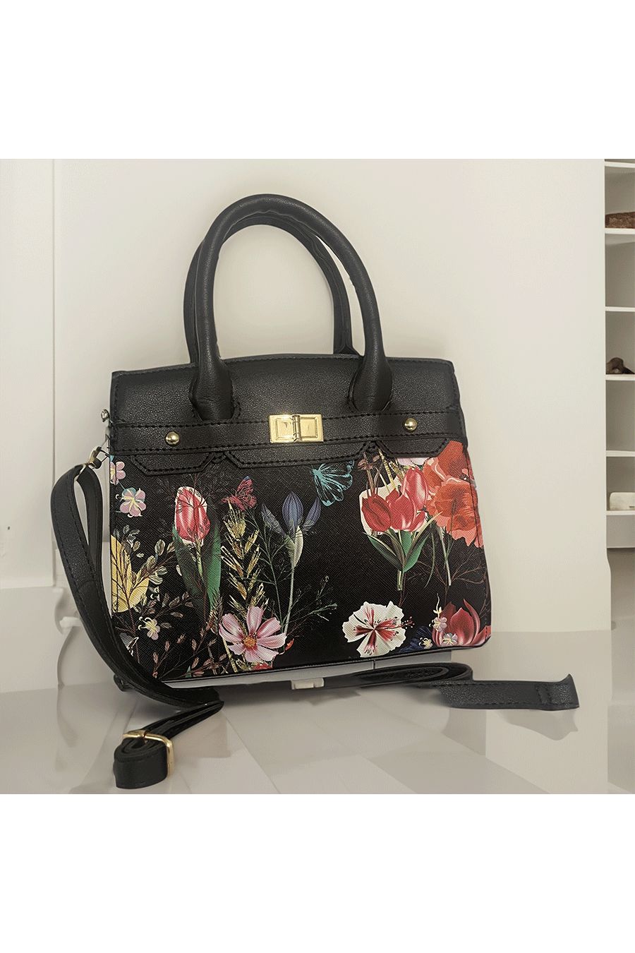 Sac à main noir fleuris - 1