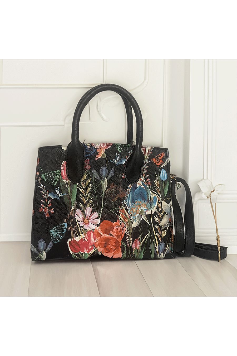 Sac à main noir fleuris - 5