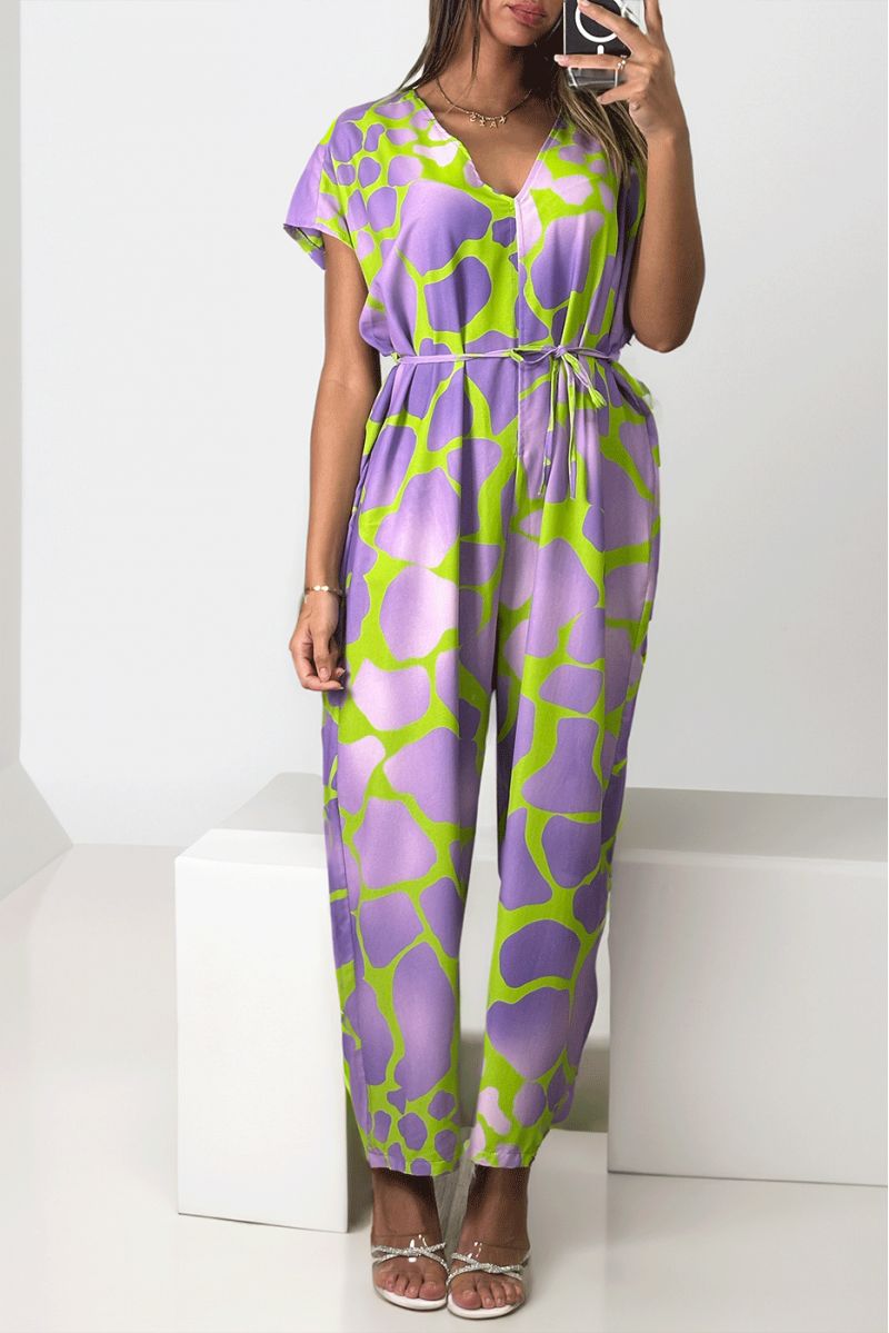 Oversized v-neck lila print jumpsuit. - 1