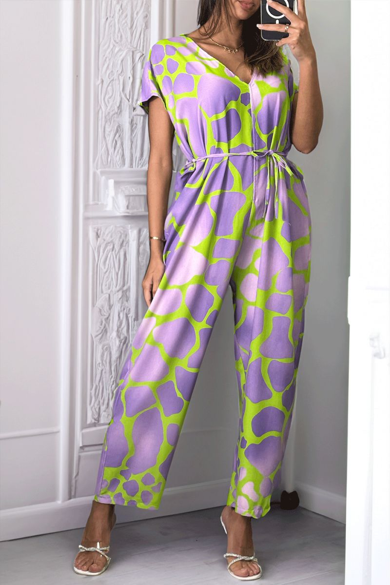 Oversized v-neck lila print jumpsuit. - 2