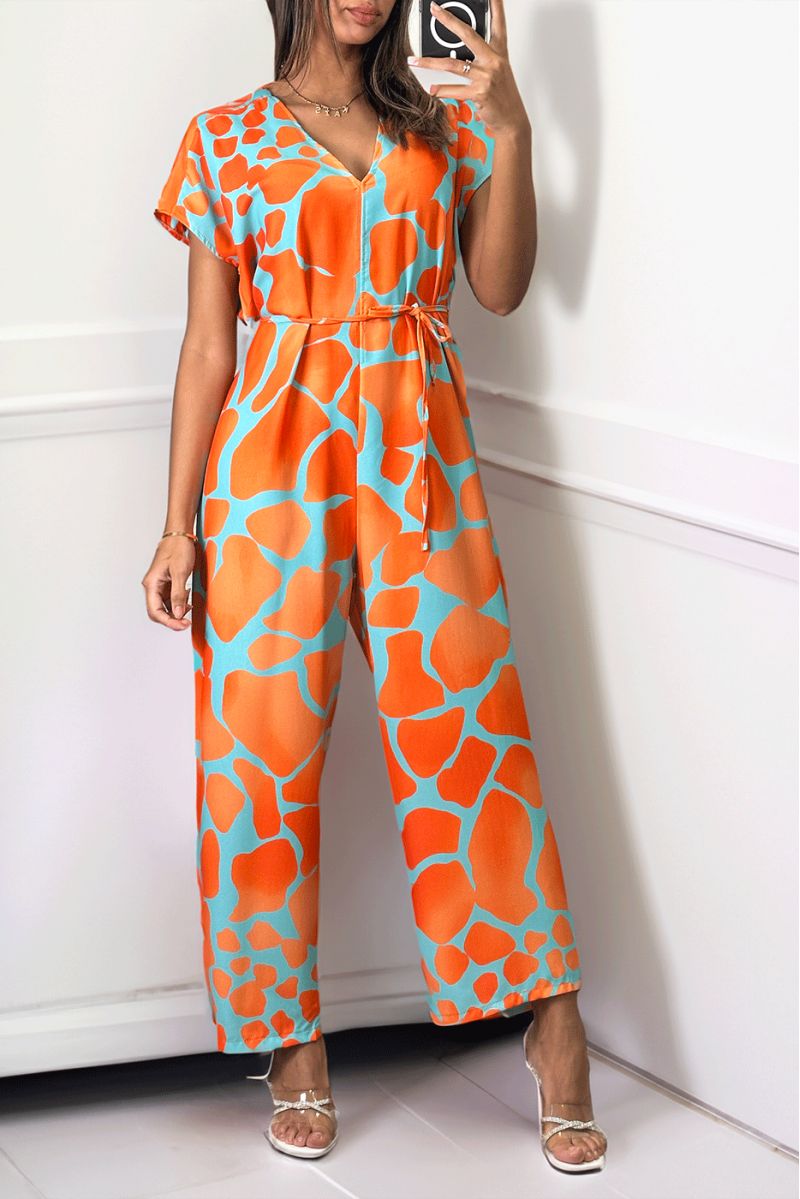 Oversized jumpsuit met v-hals en oranje print. - 1