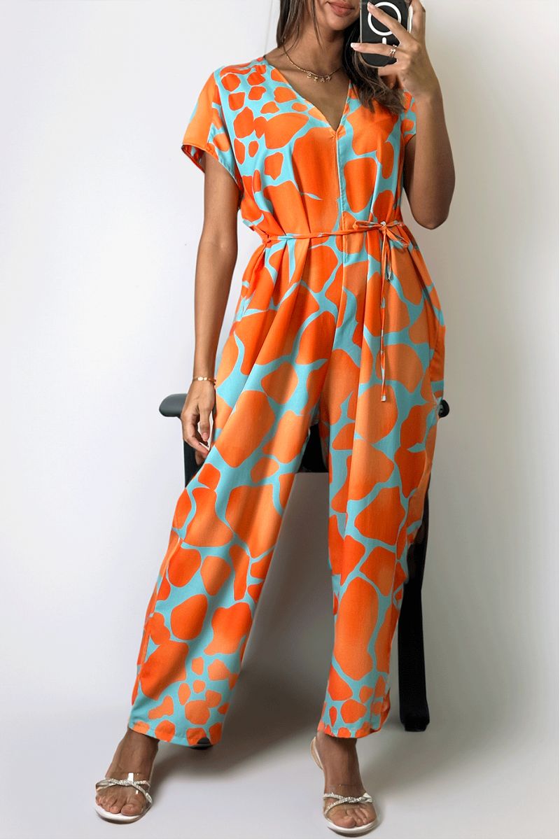 Oversized jumpsuit met v-hals en oranje print. - 3