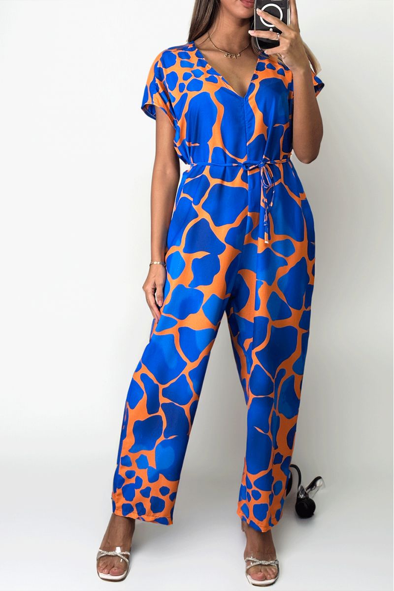 Oversize v-neck royal print jumpsuit. - 1