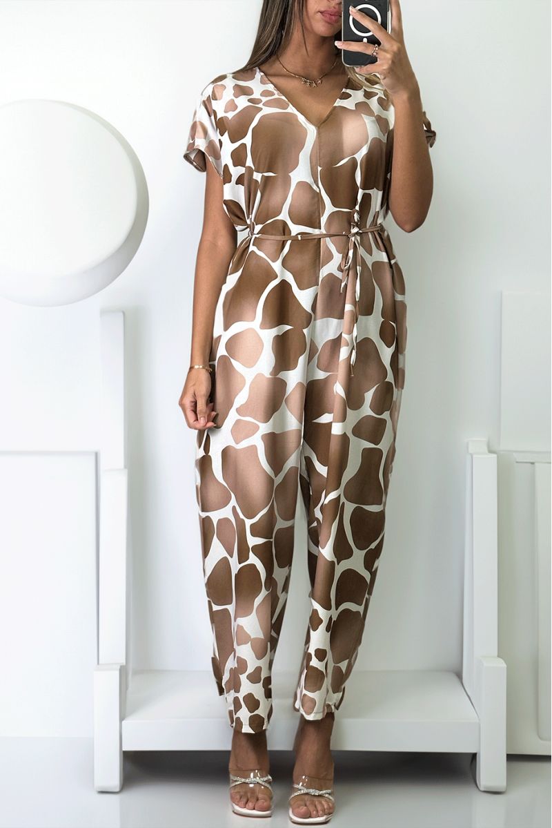 Oversized v-neck taupe print jumpsuit. - 1