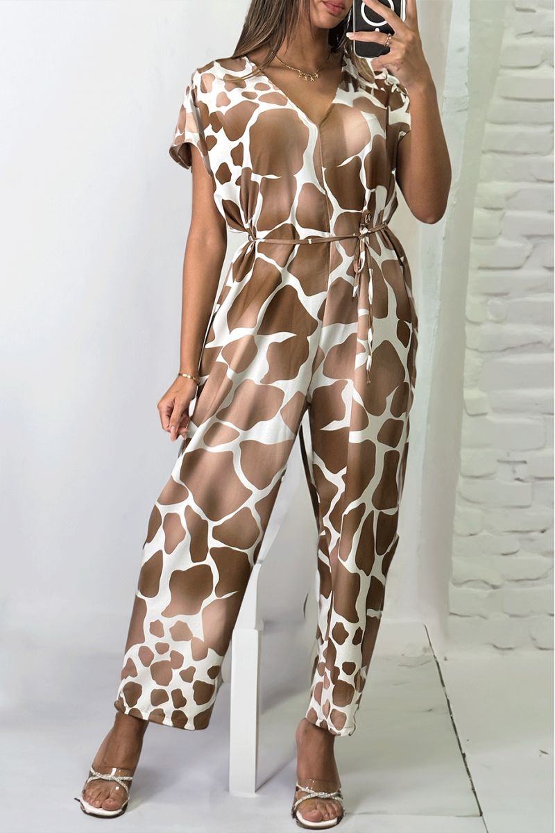 Oversized v-neck taupe print jumpsuit. - 2