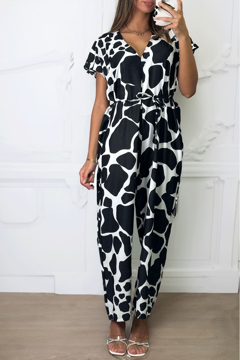 Oversized v-neck black printed jumpsuit. - 1